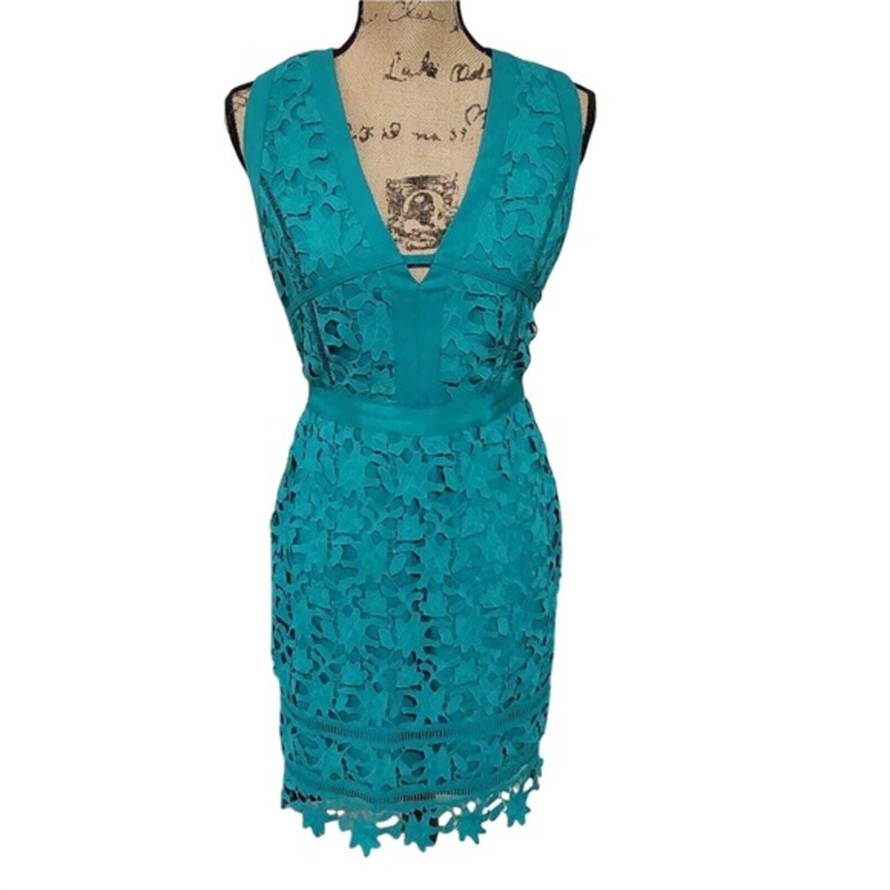 Adelyn Rae Teal Green Floral Lace V-Neck Sleeveless Sheath Dress F612D292 Small